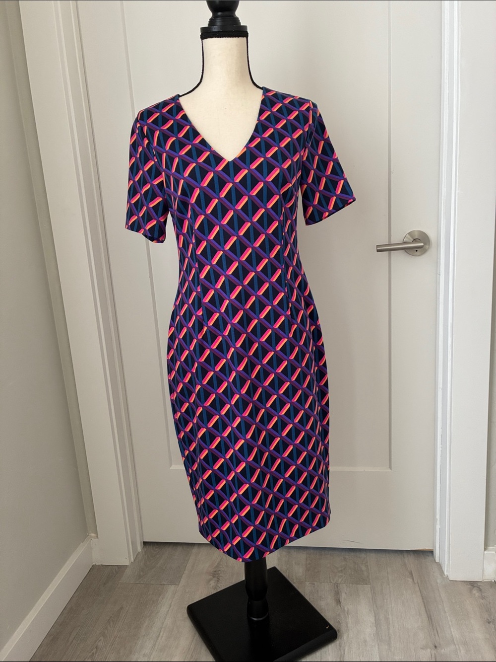 Trina Turk MUSEO Navy Midi Dress with Pink and Coral Geometric Print